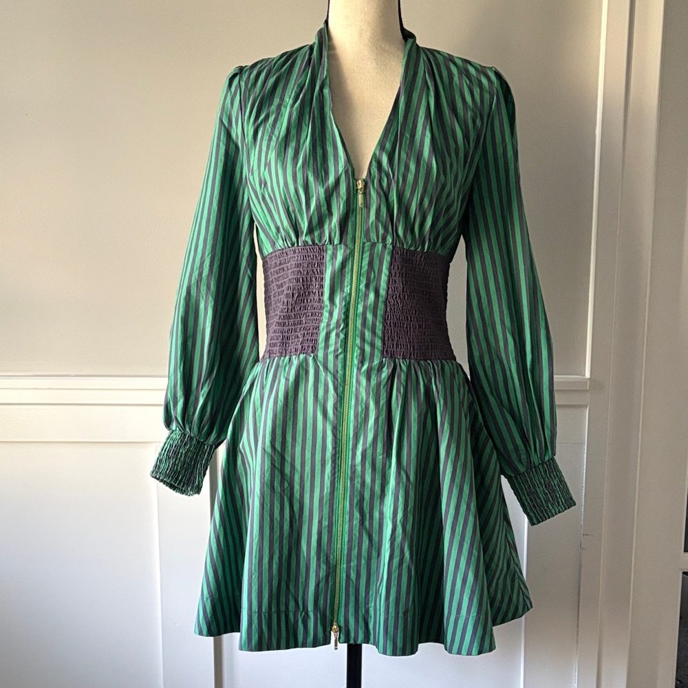 Anthropologie The Tommie Long-Sleeve Smocked Front-Zip Mini Shirt Dress